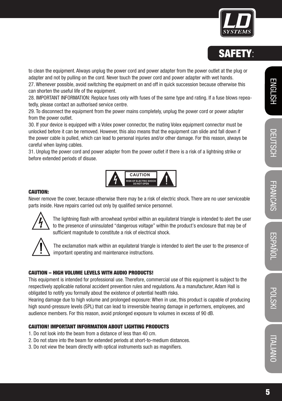 Safety | LD Systems MEI 100 G2 User Manual | Page 5 / 100