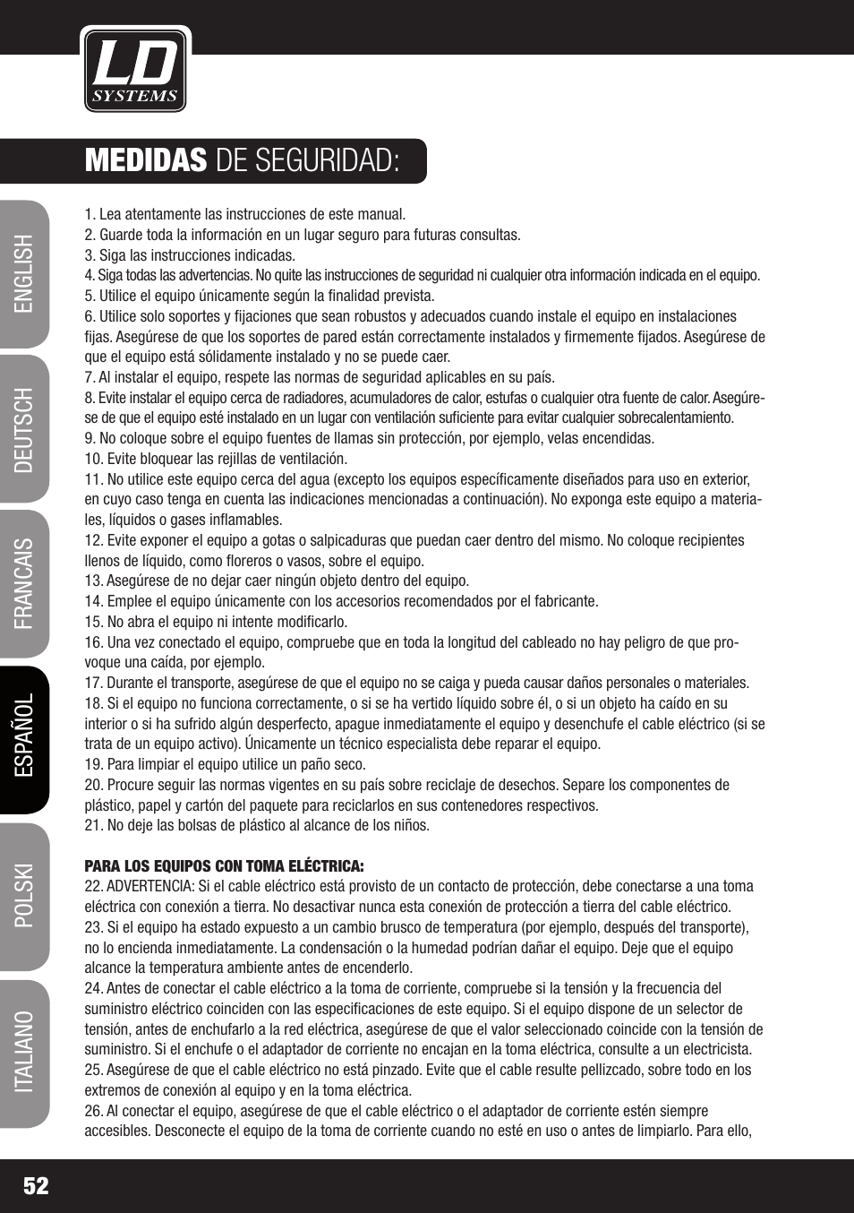Medidas de seguridad | LD Systems MEI 100 G2 User Manual | Page 52 / 100