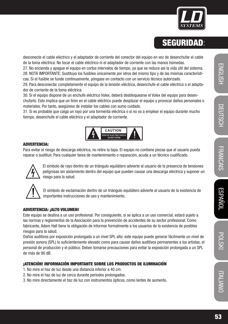 Seguridad | LD Systems MEI 100 G2 User Manual | Page 53 / 100