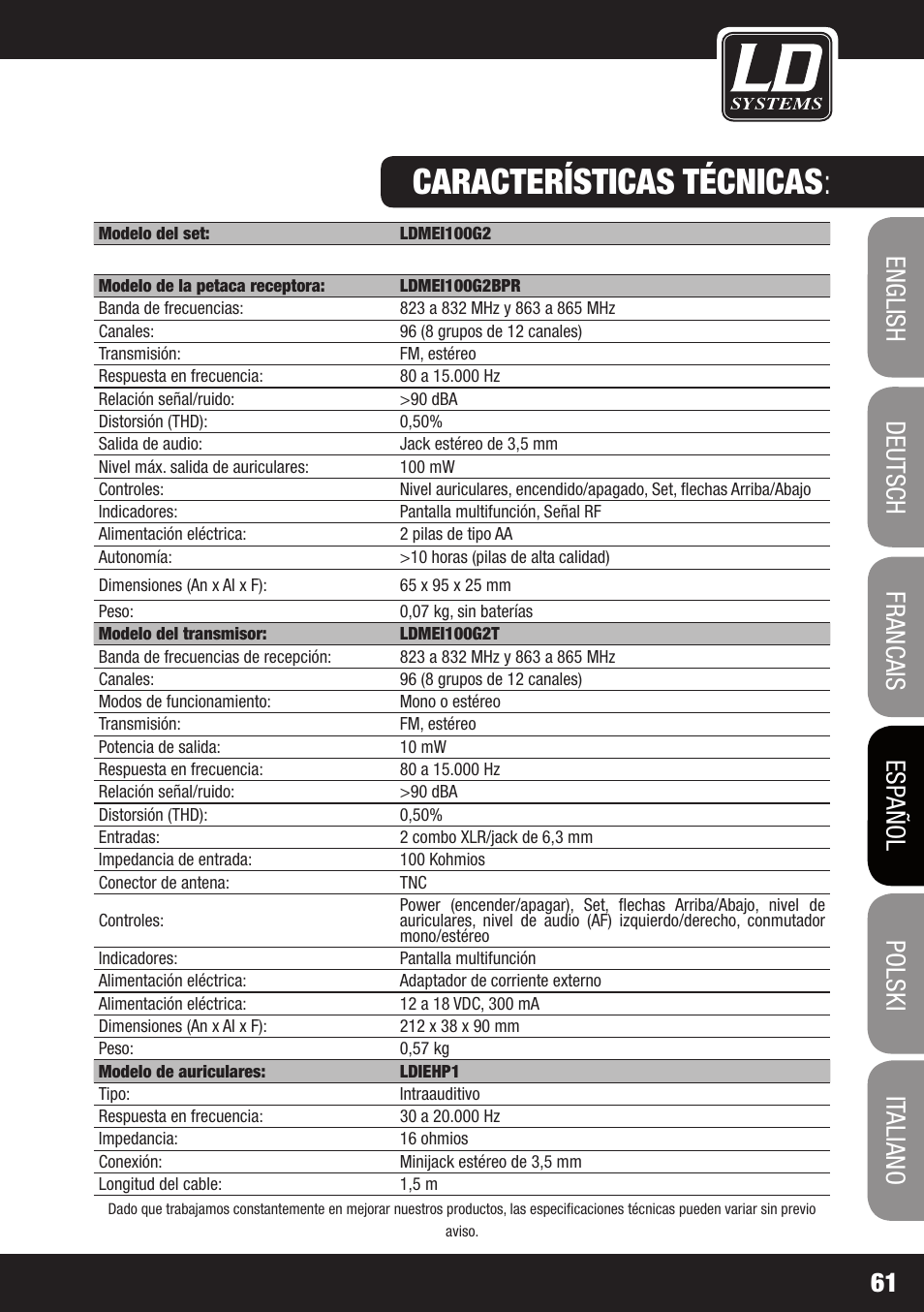 Características técnicas | LD Systems MEI 100 G2 User Manual | Page 61 / 100
