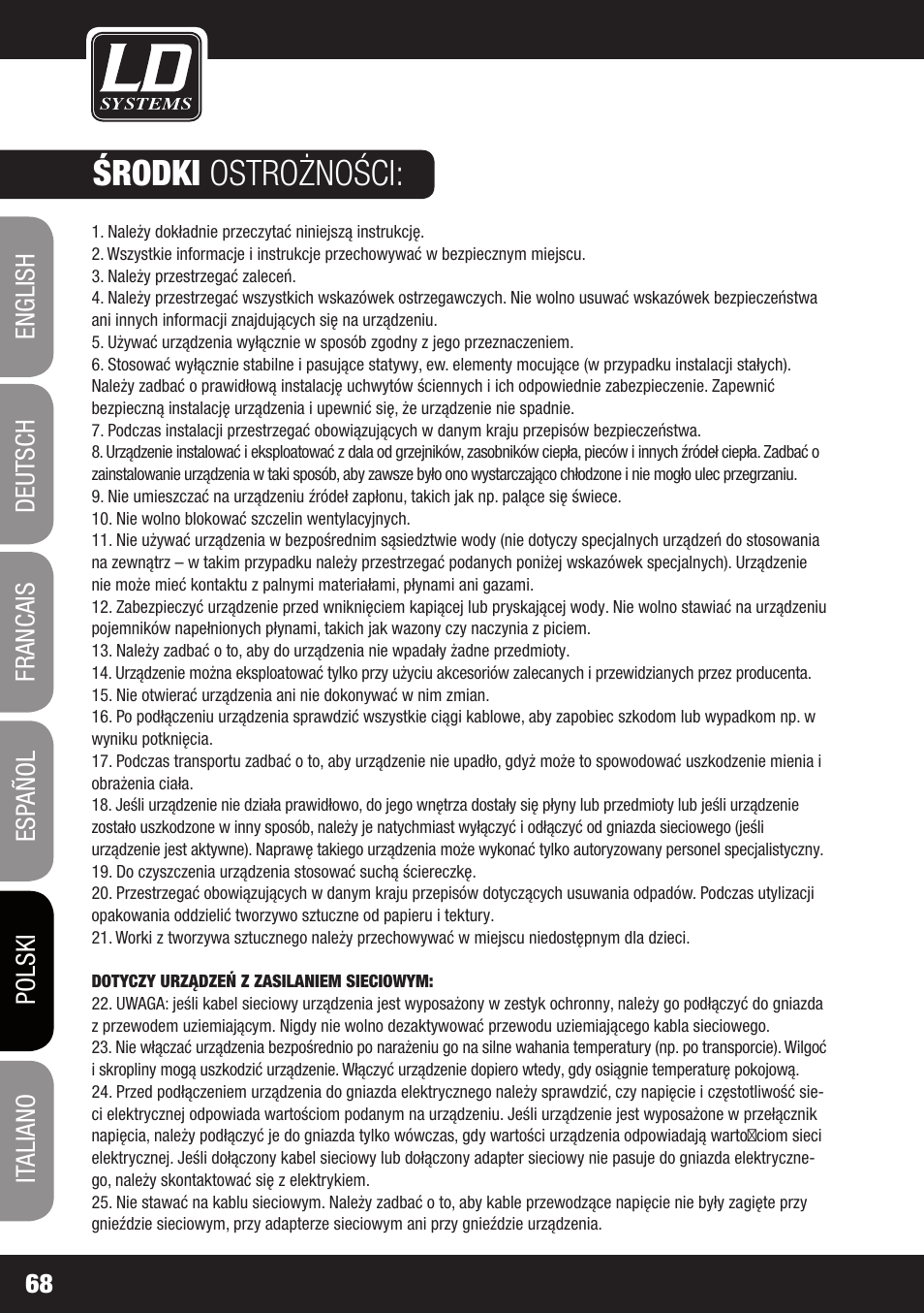 Środki ostrożności | LD Systems MEI 100 G2 User Manual | Page 68 / 100