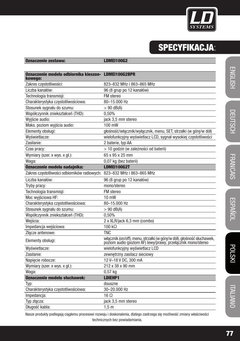 Specyfikacja | LD Systems MEI 100 G2 User Manual | Page 77 / 100