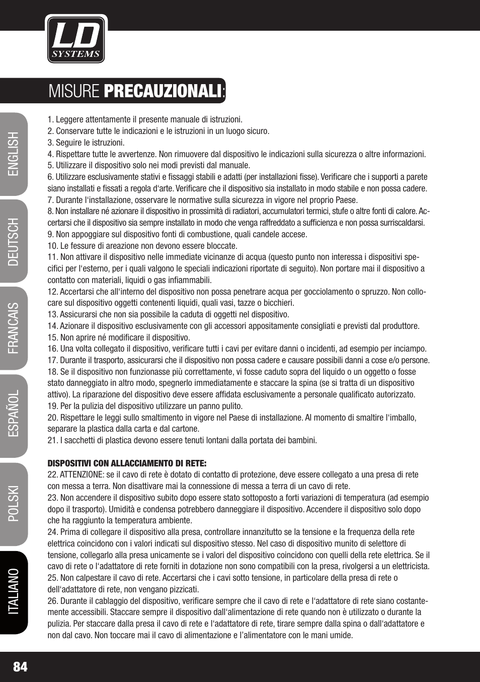 Misure precauzionali | LD Systems MEI 100 G2 User Manual | Page 84 / 100