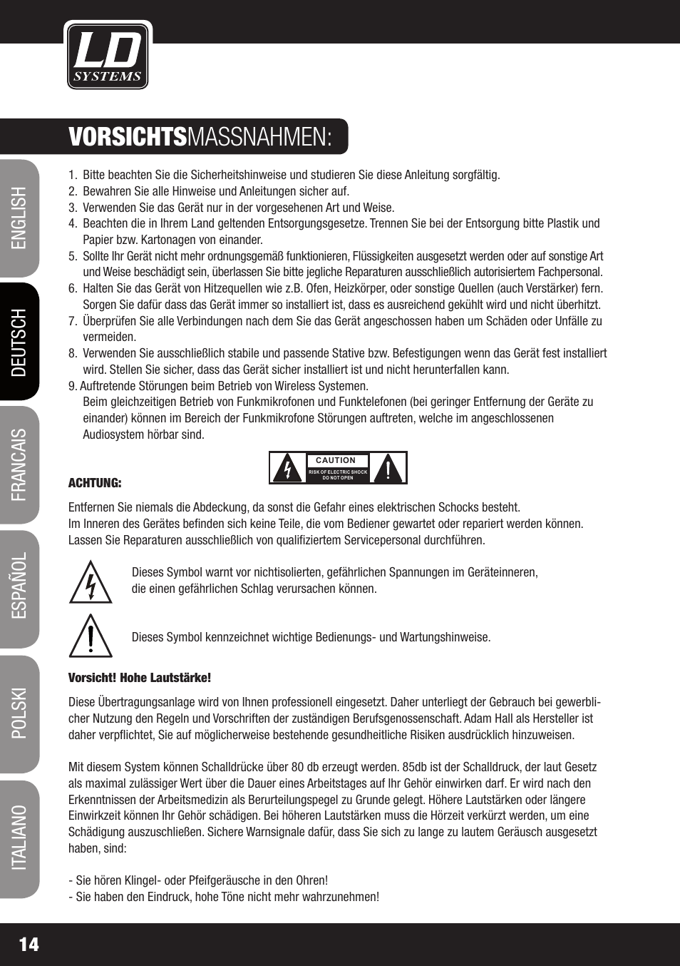 Vorsichts massnahmen | LD Systems MEI ONE 1 User Manual | Page 14 / 62