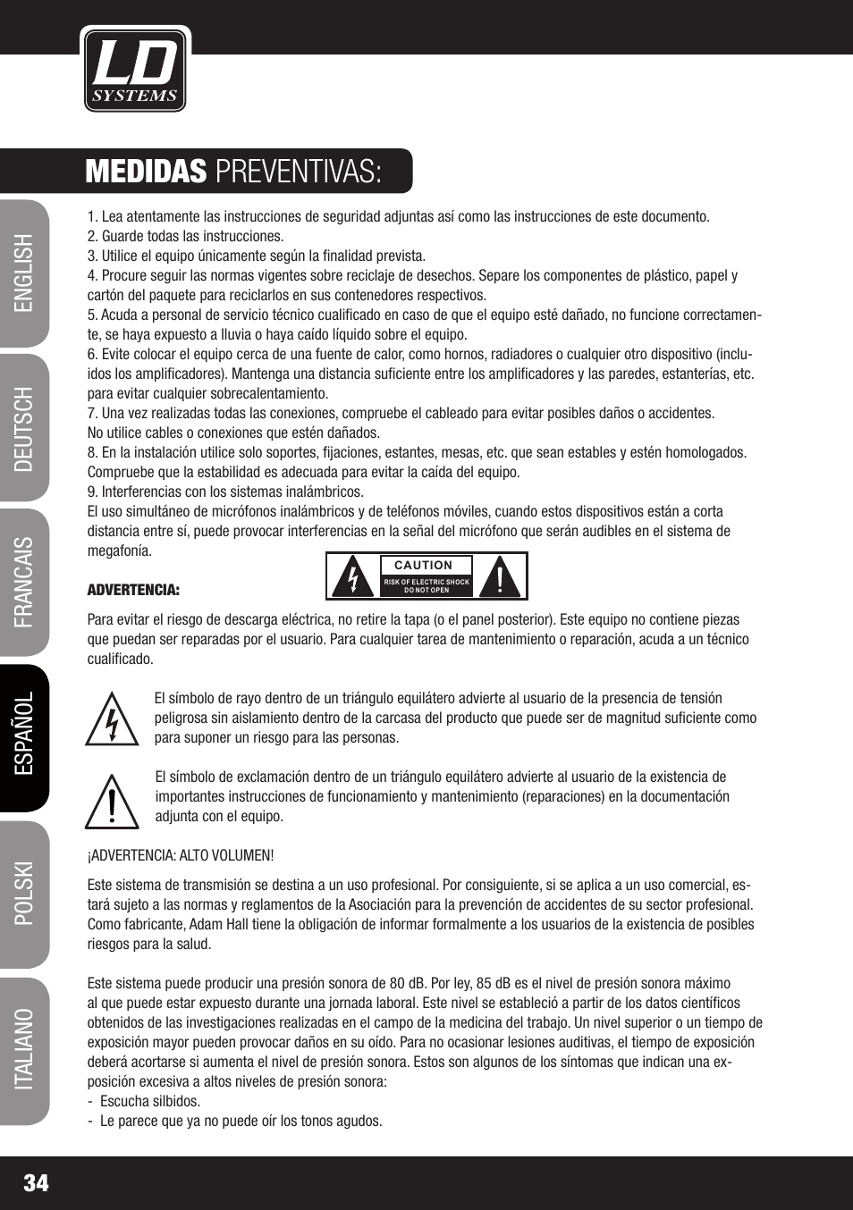Medidas preventivas | LD Systems MEI ONE 1 User Manual | Page 34 / 62