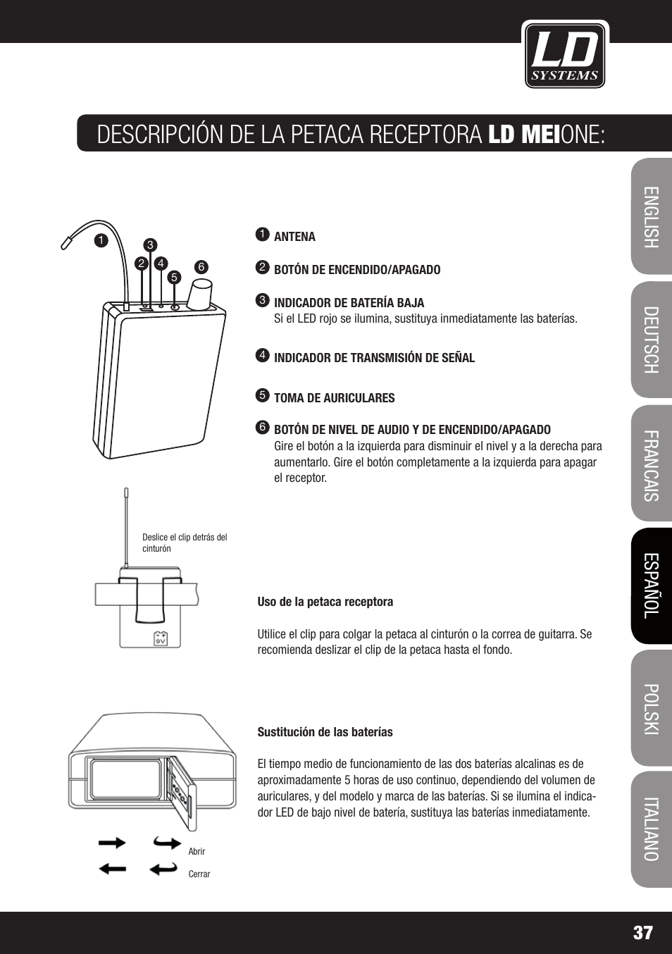 Descripción de la petaca receptora ld mei one | LD Systems MEI ONE 1 User Manual | Page 37 / 62