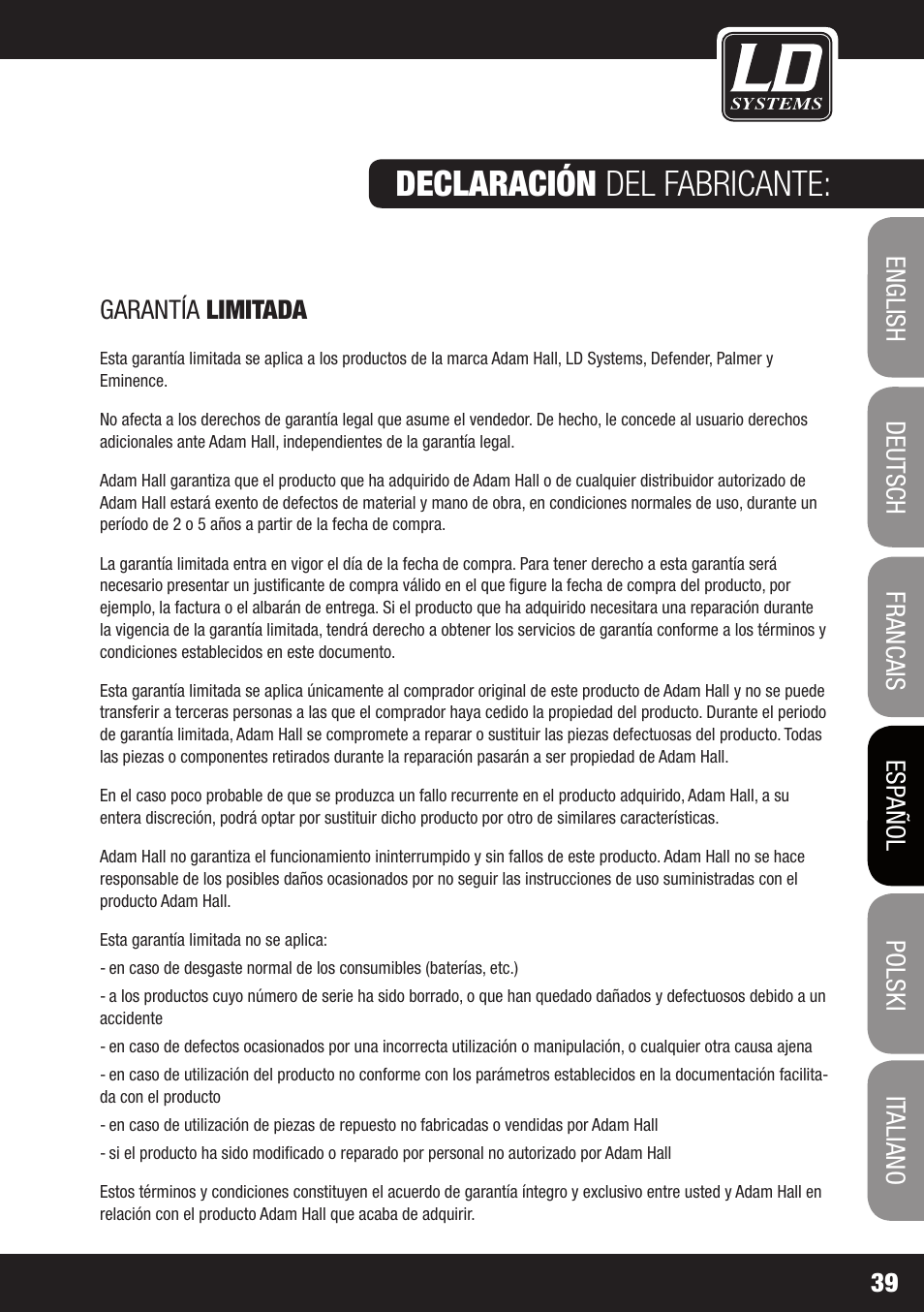 Declaración del fabricante | LD Systems MEI ONE 1 User Manual | Page 39 / 62