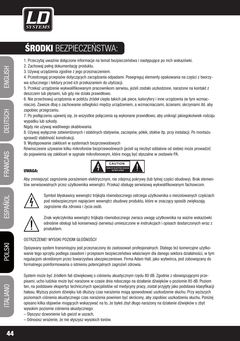 Środki bezpieczeństwa | LD Systems MEI ONE 1 User Manual | Page 44 / 62