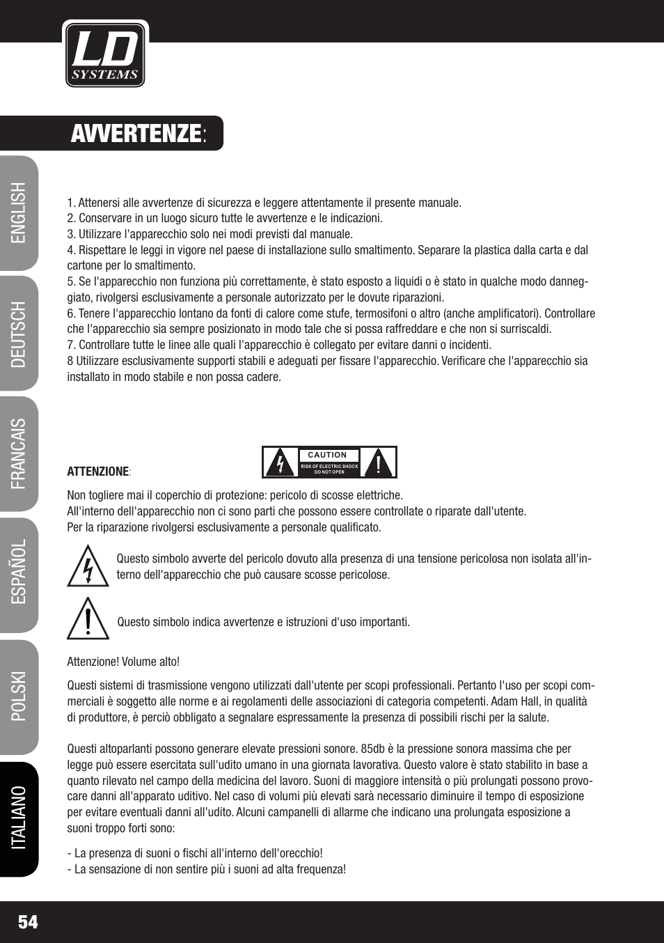 Avvertenze | LD Systems MEI ONE 1 User Manual | Page 54 / 62