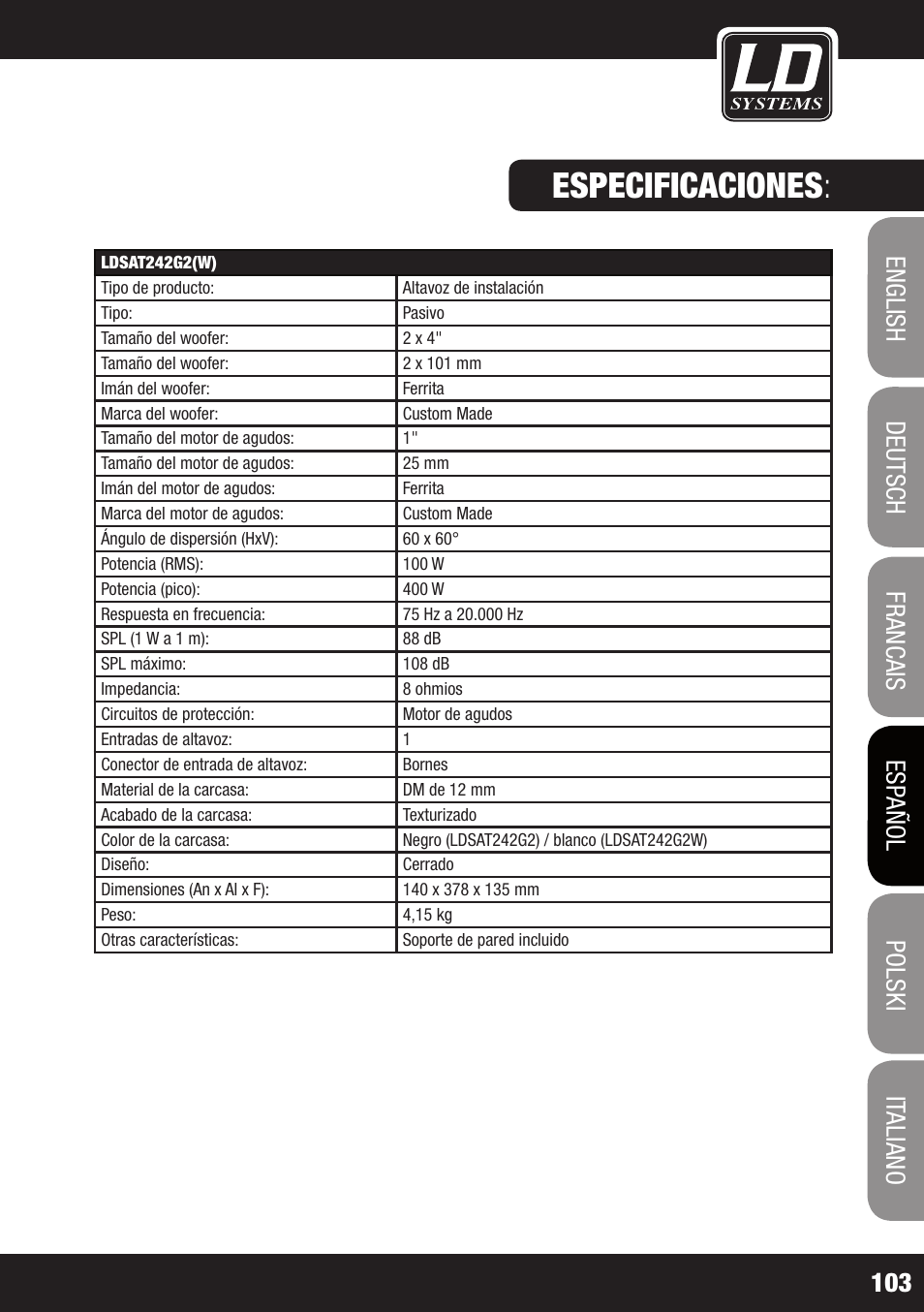 Especificaciones | LD Systems LDSAT42G2(W) User Manual | Page 103 / 172