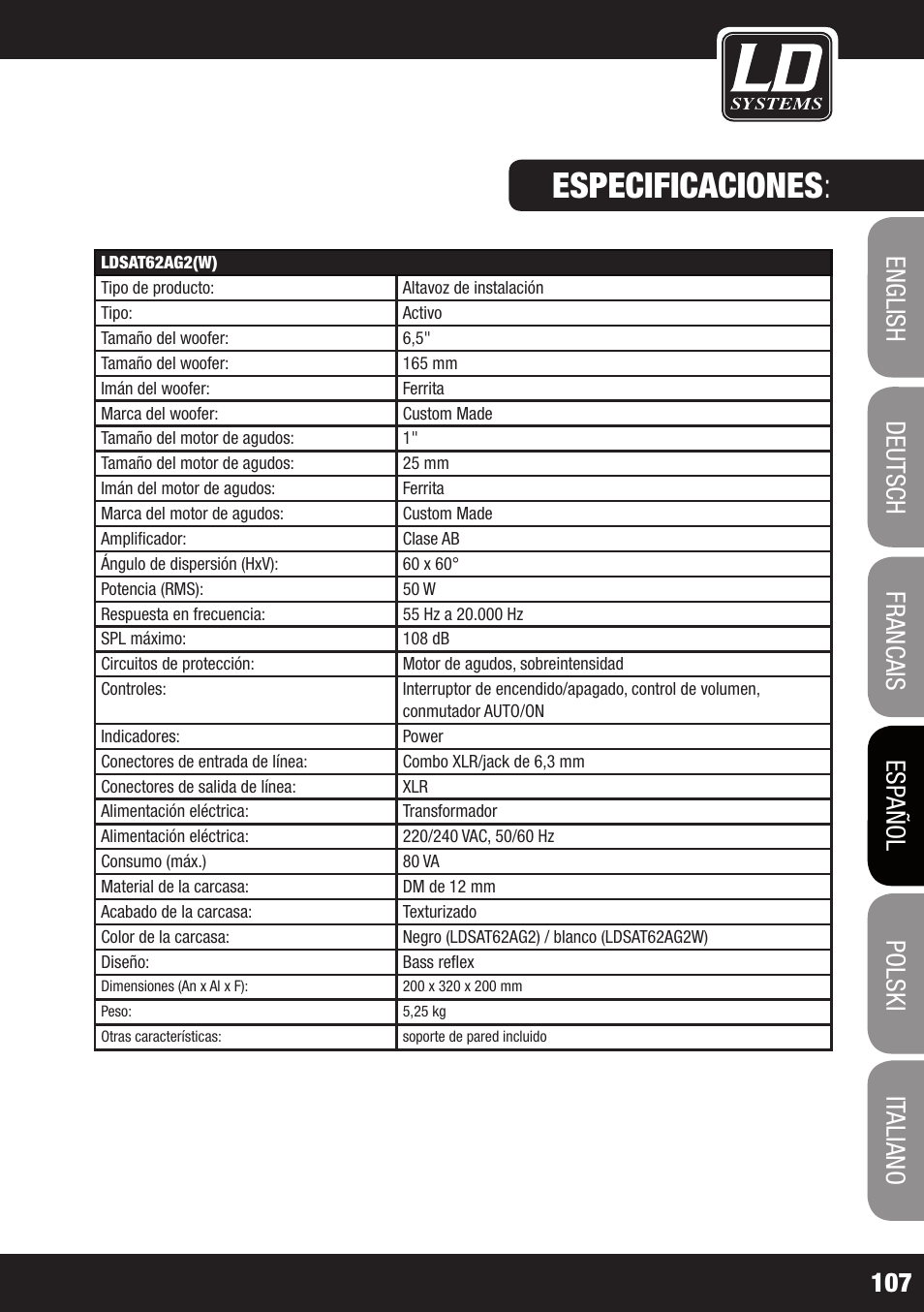 Especificaciones | LD Systems LDSAT42G2(W) User Manual | Page 107 / 172