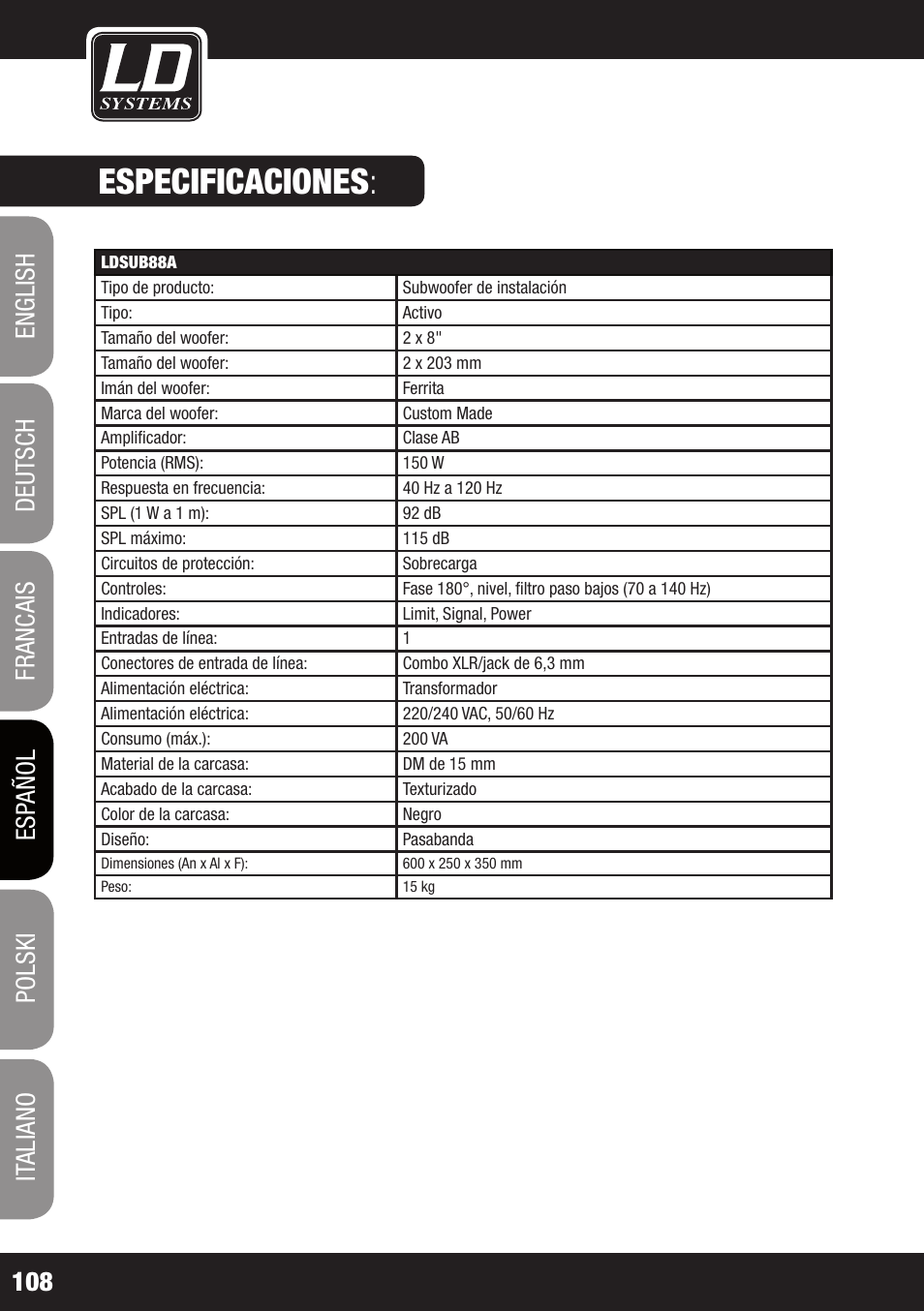 Especificaciones | LD Systems LDSAT42G2(W) User Manual | Page 108 / 172