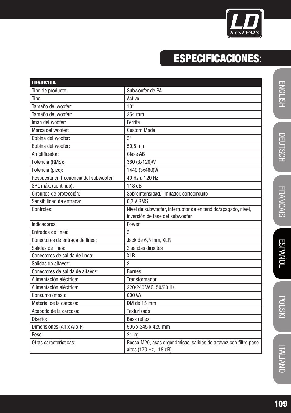 Especificaciones | LD Systems LDSAT42G2(W) User Manual | Page 109 / 172