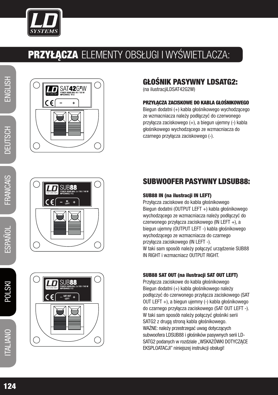 Przyłącza, Elementy obsługi i wyświetlacza | LD Systems LDSAT42G2(W) User Manual | Page 124 / 172