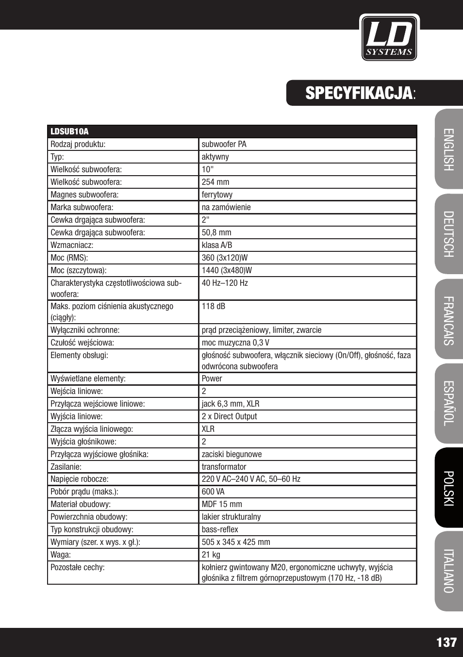 Specyfikacja | LD Systems LDSAT42G2(W) User Manual | Page 137 / 172