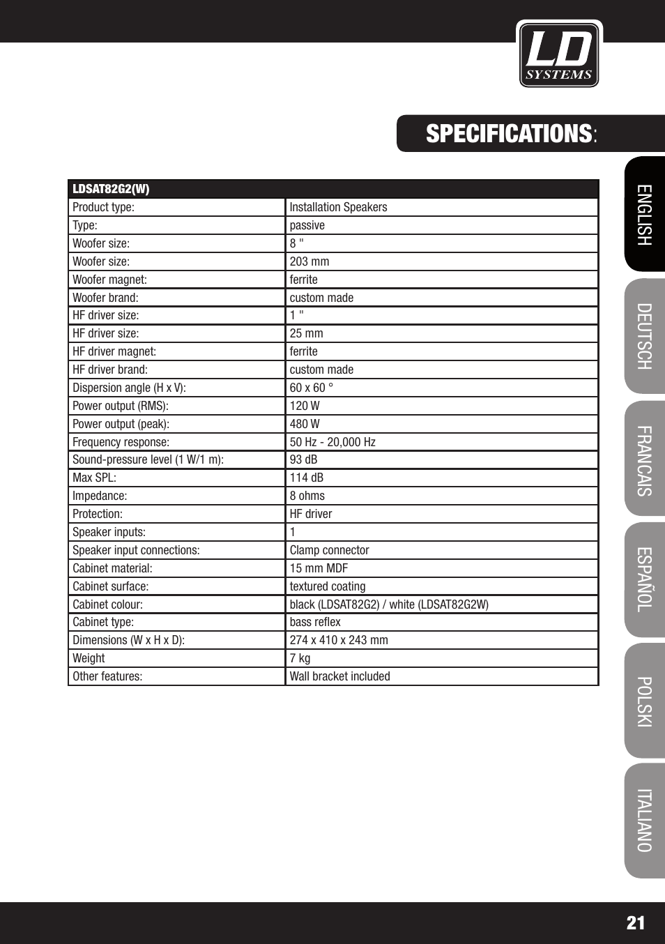 Specifications | LD Systems LDSAT42G2(W) User Manual | Page 21 / 172
