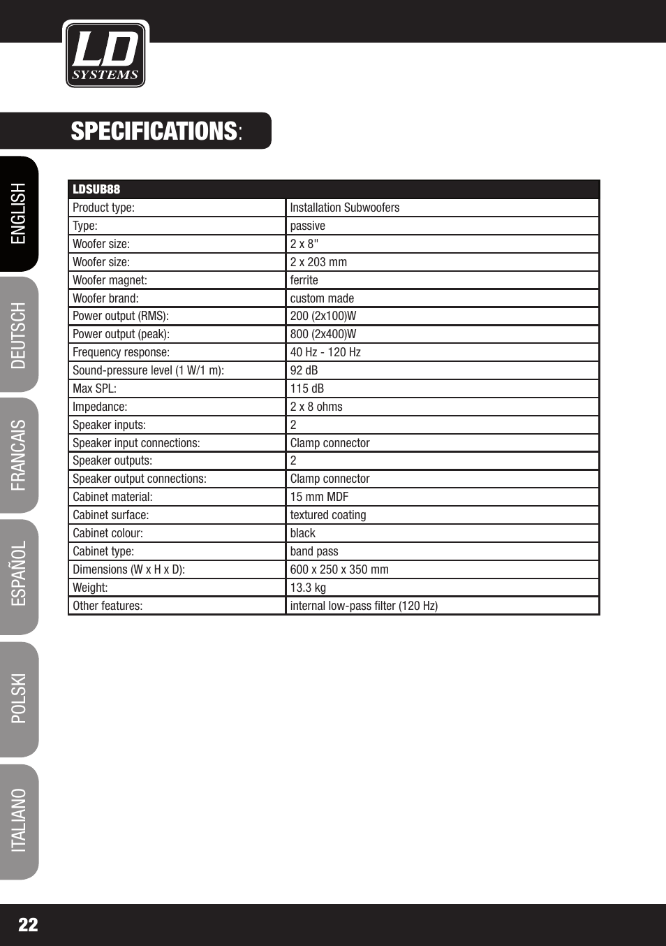 Specifications | LD Systems LDSAT42G2(W) User Manual | Page 22 / 172