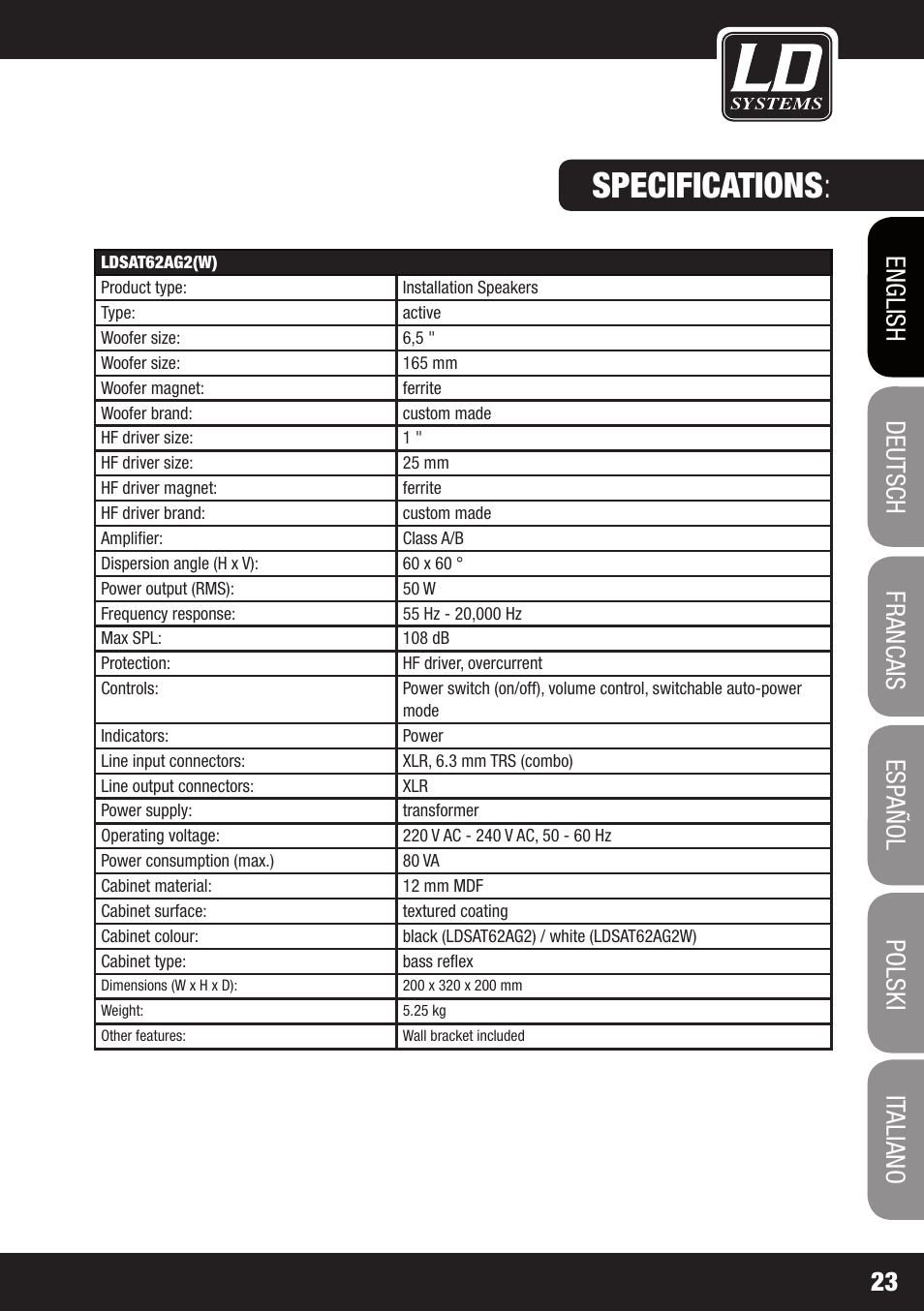 Specifications | LD Systems LDSAT42G2(W) User Manual | Page 23 / 172