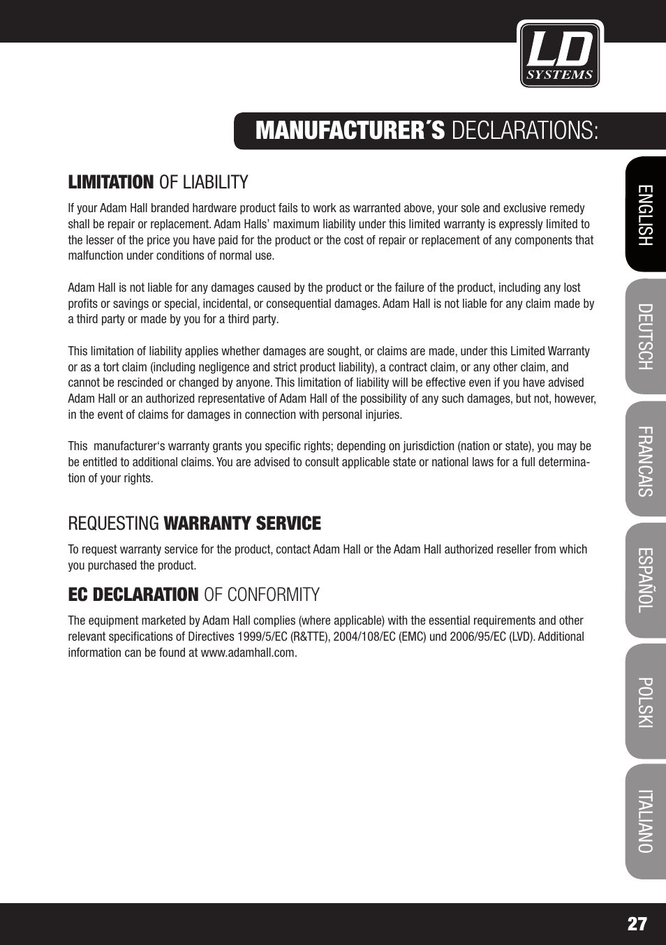 Manufacturer´s declarations | LD Systems LDSAT42G2(W) User Manual | Page 27 / 172