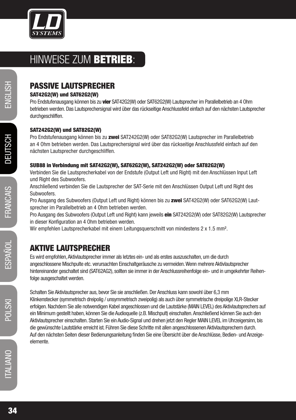 Hinweise zum betrieb | LD Systems LDSAT42G2(W) User Manual | Page 34 / 172