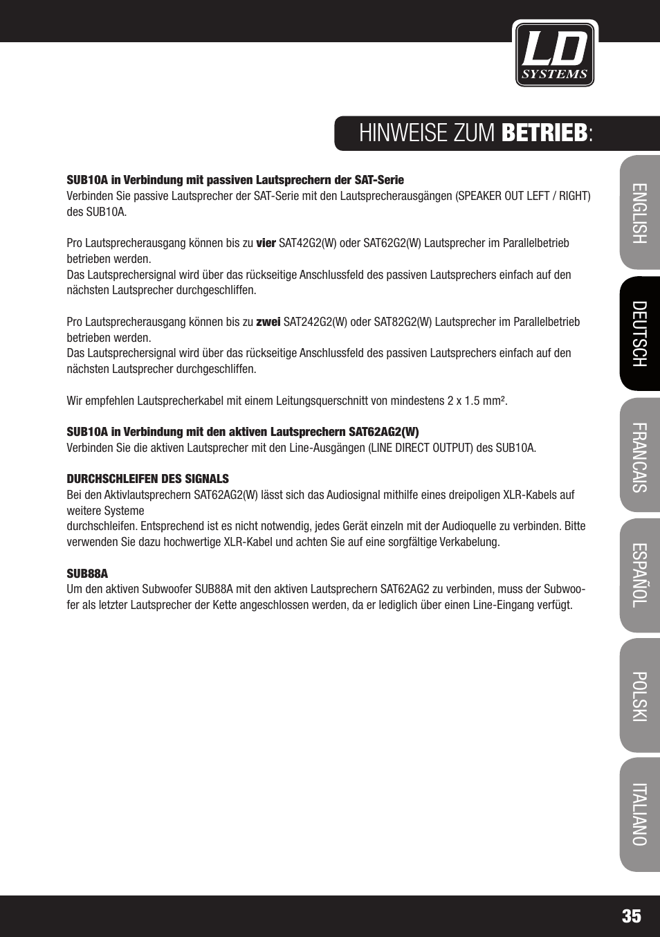 Hinweise zum betrieb | LD Systems LDSAT42G2(W) User Manual | Page 35 / 172