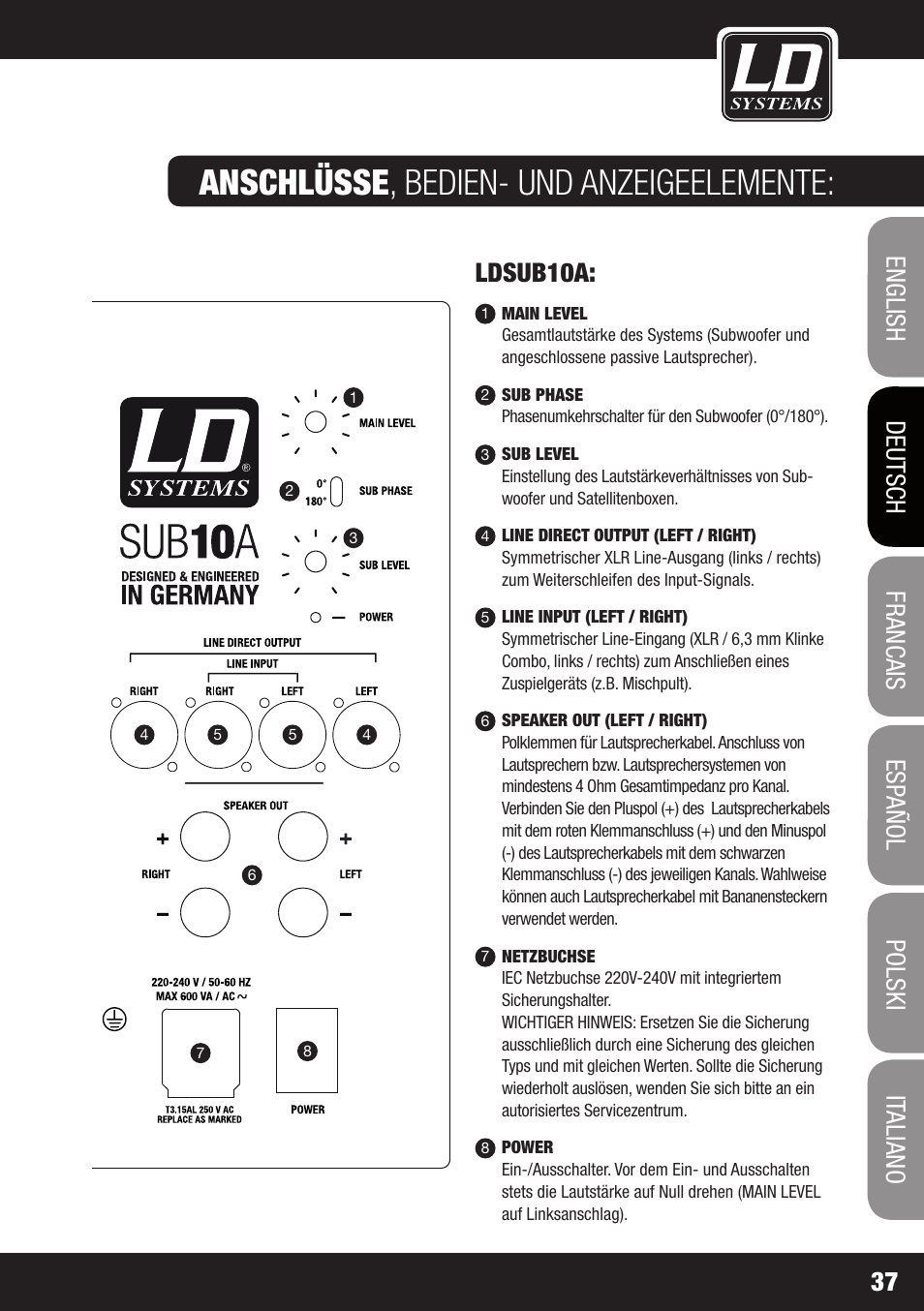 Anschlüsse , bedien- und anzeigeelemente, Ldsub10a | LD Systems LDSAT42G2(W) User Manual | Page 37 / 172