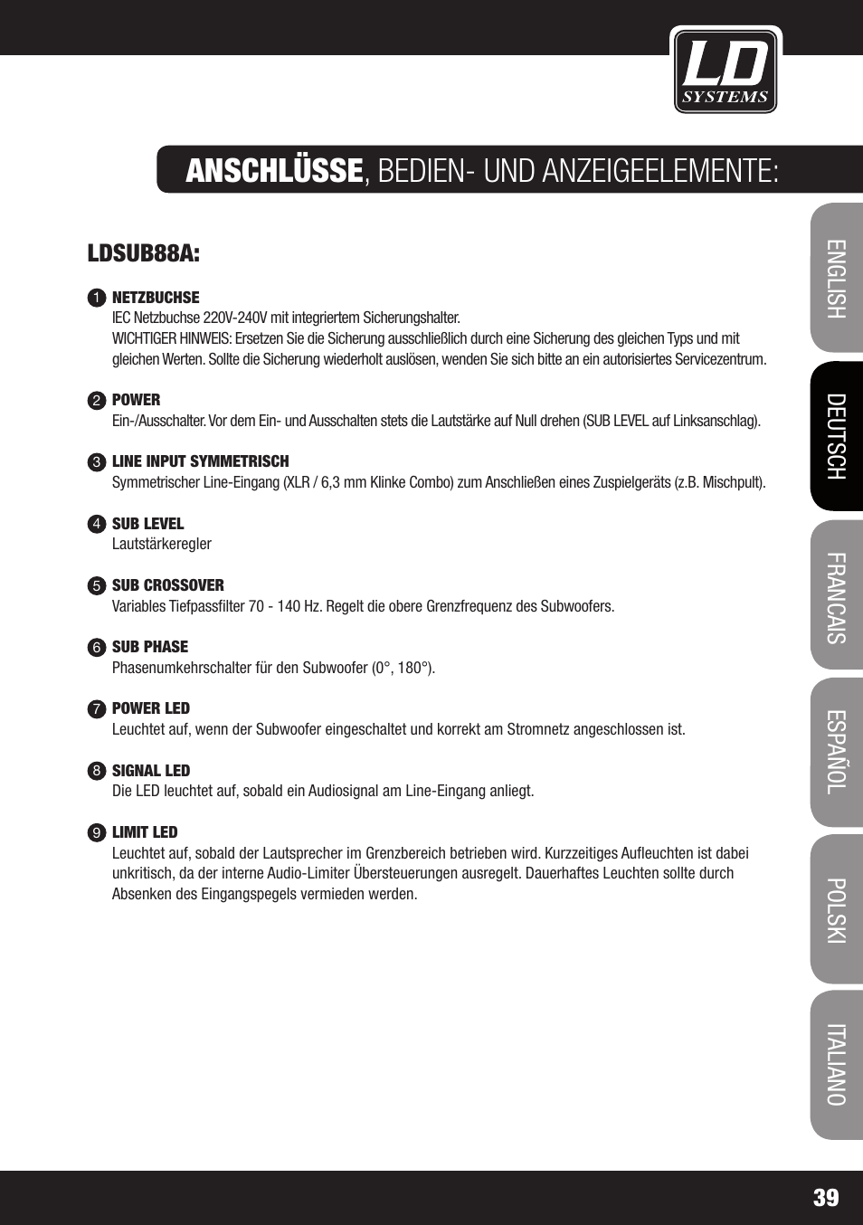 Anschlüsse , bedien- und anzeigeelemente, Ldsub88a | LD Systems LDSAT42G2(W) User Manual | Page 39 / 172