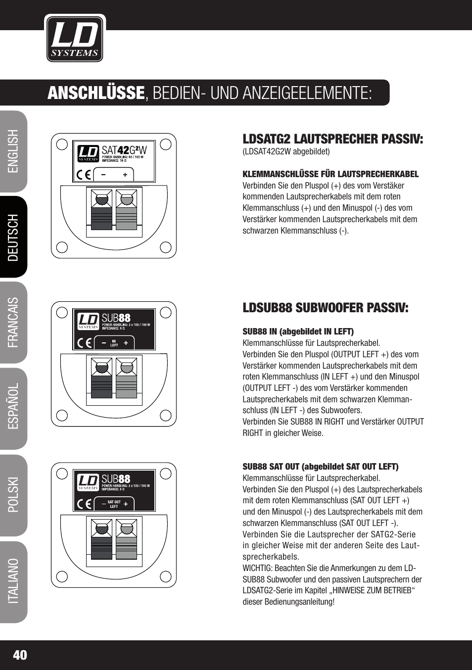 Anschlüsse , bedien- und anzeigeelemente | LD Systems LDSAT42G2(W) User Manual | Page 40 / 172