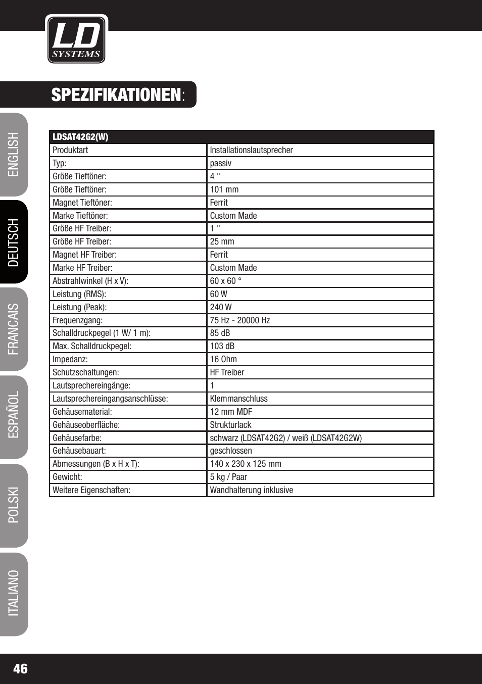 Spezifikationen | LD Systems LDSAT42G2(W) User Manual | Page 46 / 172