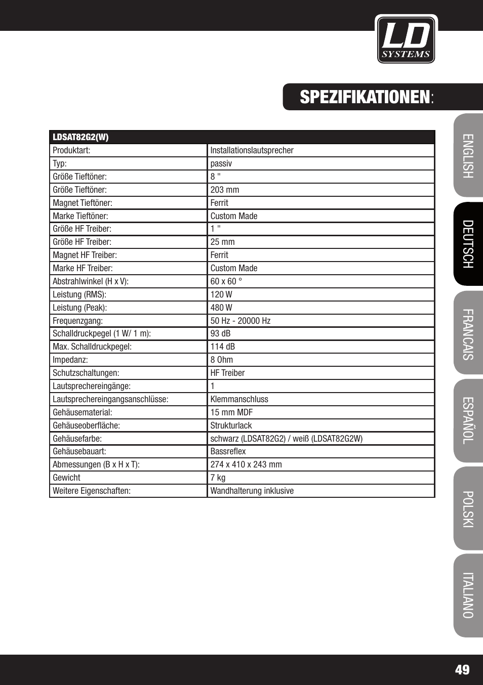 Spezifikationen | LD Systems LDSAT42G2(W) User Manual | Page 49 / 172