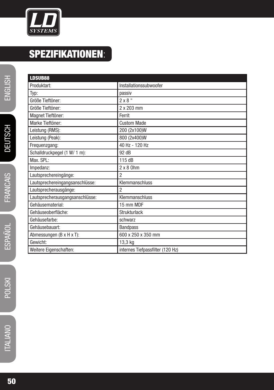 Spezifikationen | LD Systems LDSAT42G2(W) User Manual | Page 50 / 172