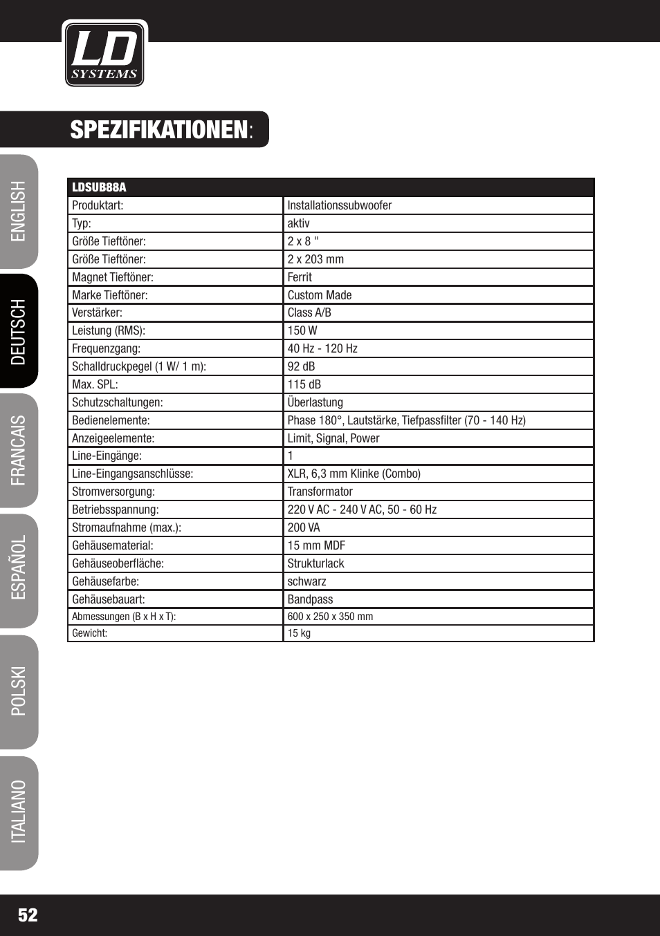 Spezifikationen | LD Systems LDSAT42G2(W) User Manual | Page 52 / 172
