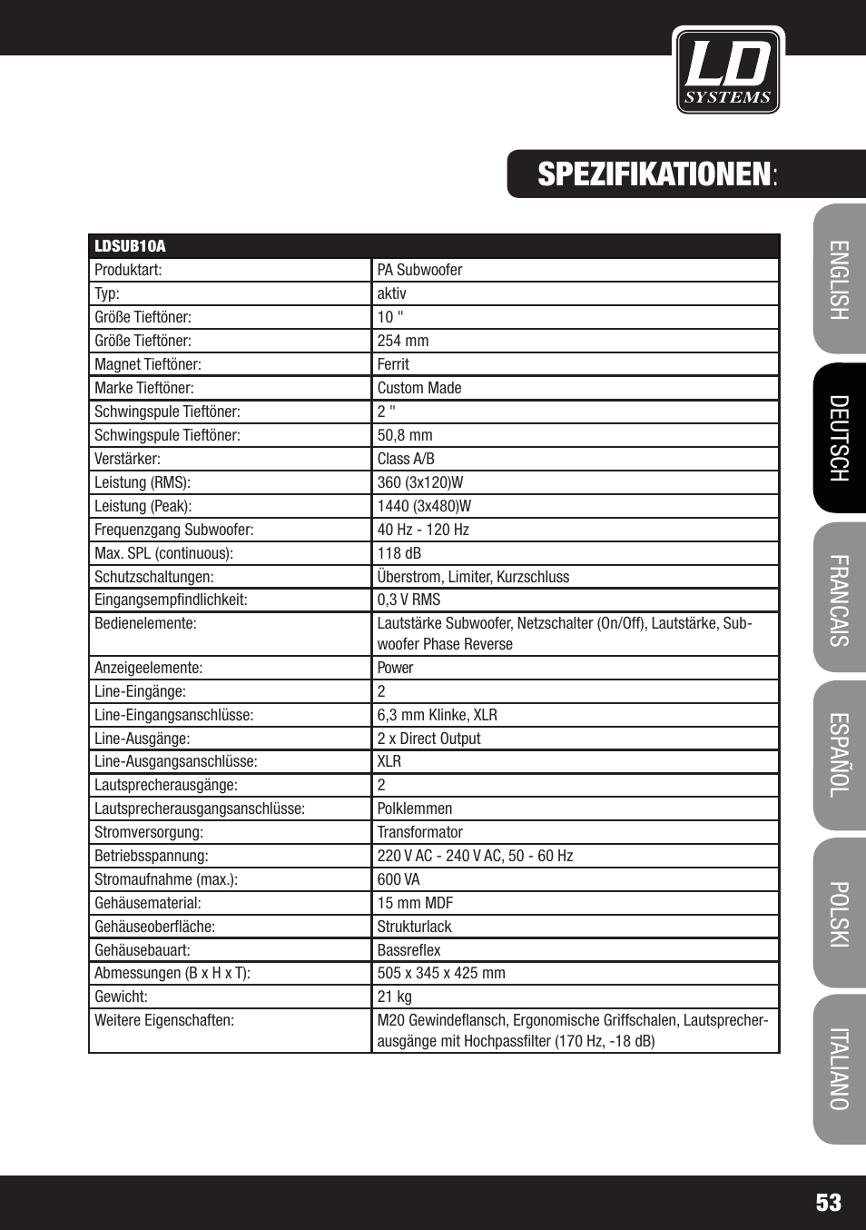 Spezifikationen | LD Systems LDSAT42G2(W) User Manual | Page 53 / 172