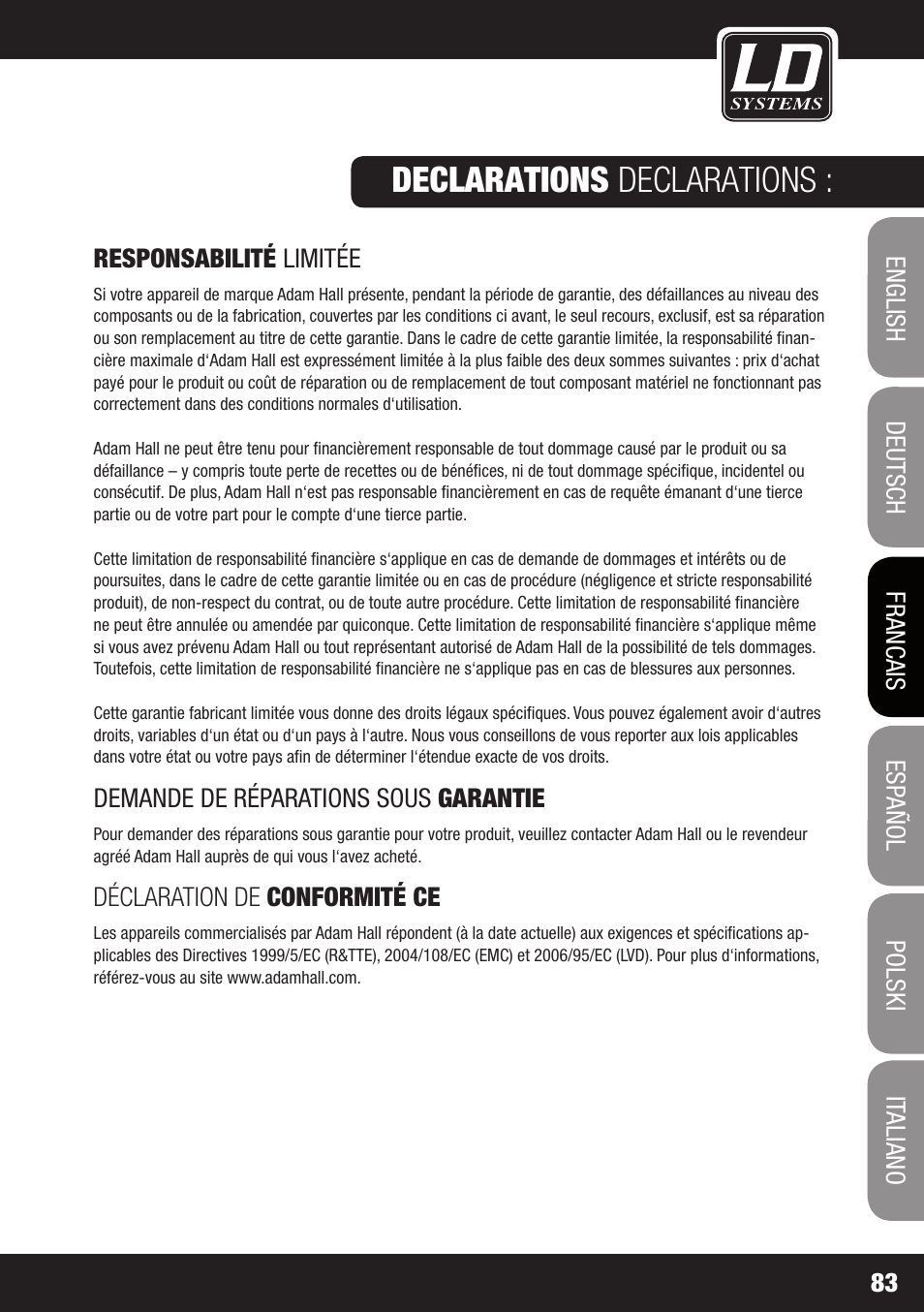 Declarations declarations | LD Systems LDSAT42G2(W) User Manual | Page 83 / 172
