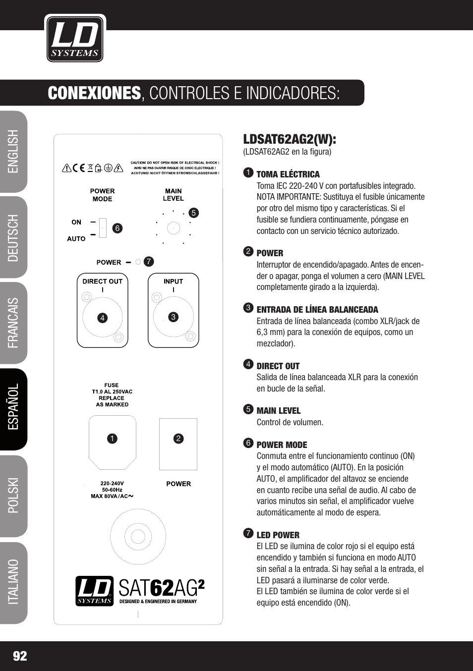 Conexiones , controles e indicadores, Ldsat62ag2(w) | LD Systems LDSAT42G2(W) User Manual | Page 92 / 172