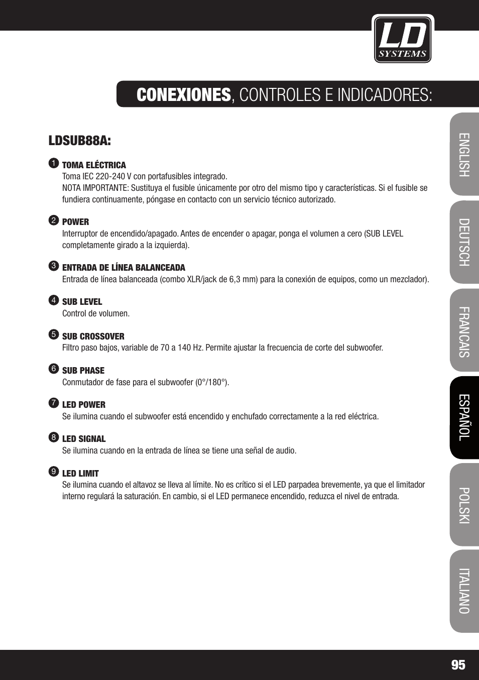 Conexiones , controles e indicadores, Ldsub88a | LD Systems LDSAT42G2(W) User Manual | Page 95 / 172