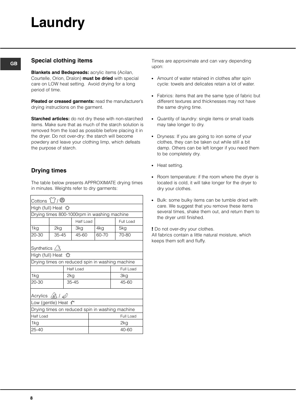 Laundry, Special clothing items, Drying times | Creda TVS3 User Manual | Page 10 / 16