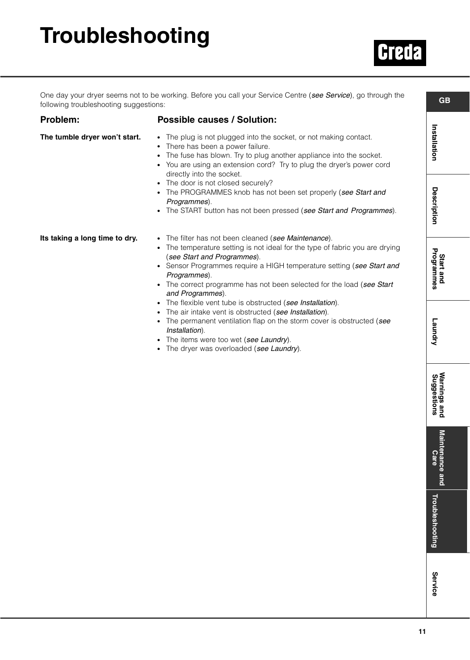 Troubleshooting, Problem, Possible causes / solution | Creda TVS3 User Manual | Page 13 / 16