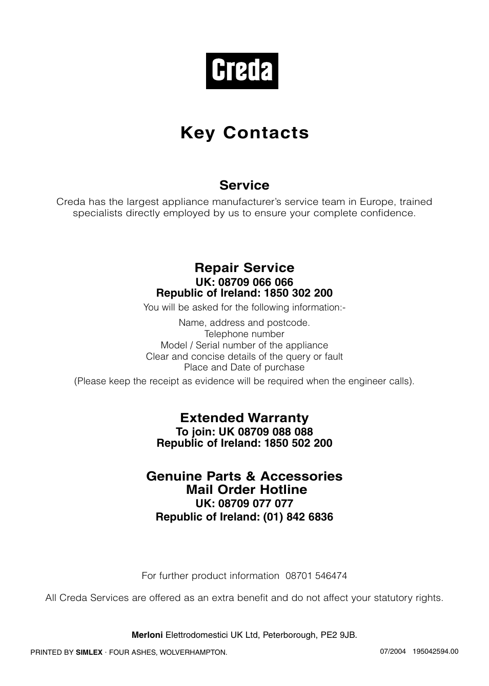 Key contacts, Service, Repair service | Extended warranty, Genuine parts & accessories mail order hotline | Creda TVS3 User Manual | Page 16 / 16