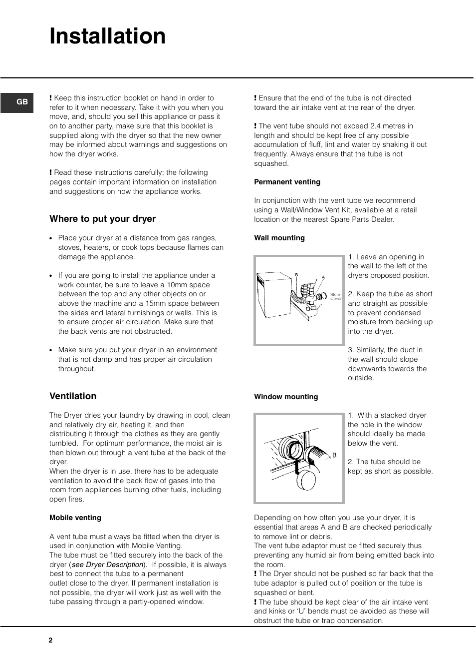 Installation, Where to put your dryer, Ventilation | Creda TVS3 User Manual | Page 4 / 16