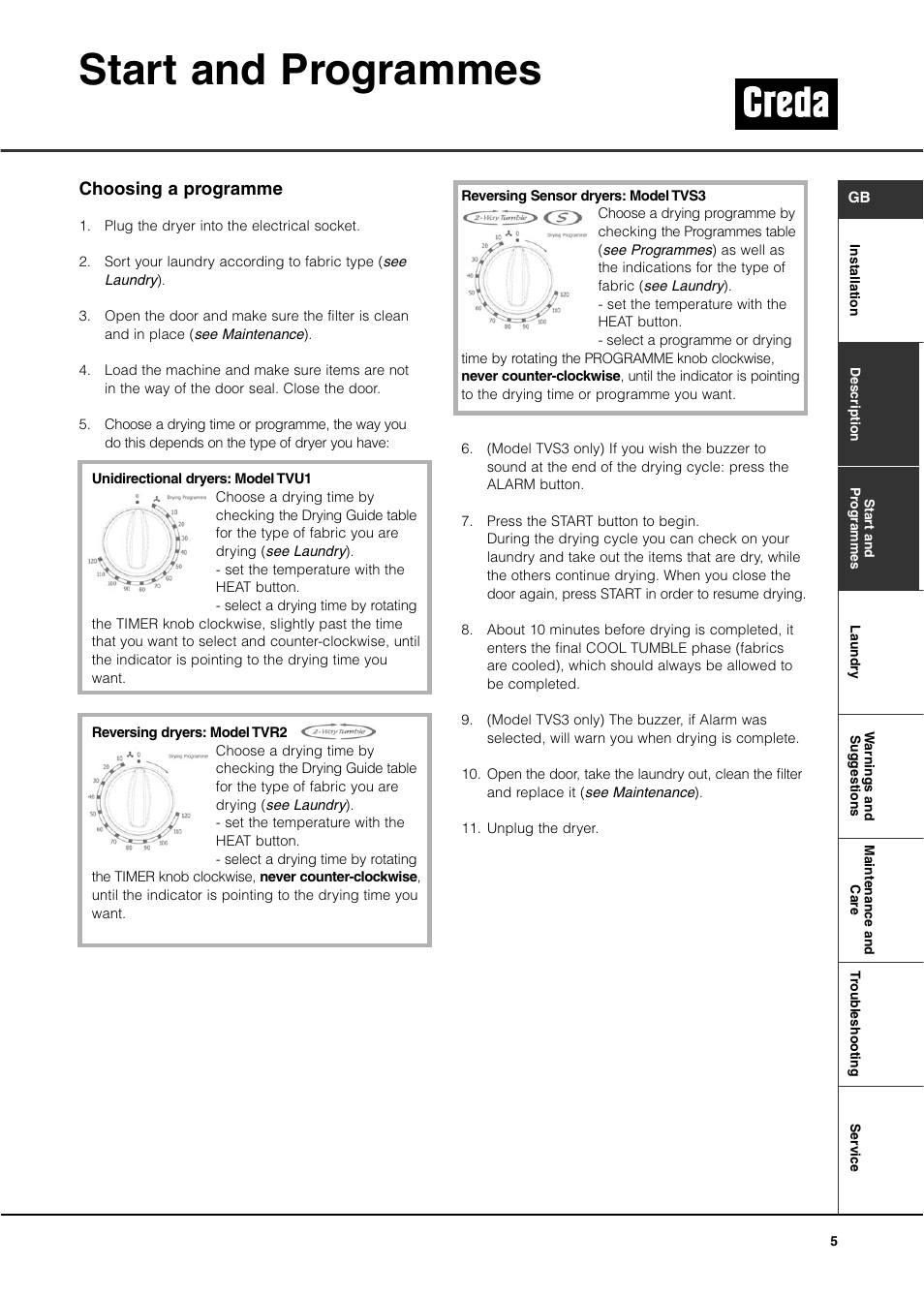 Start and programmes, Choosing a programme | Creda TVS3 User Manual | Page 7 / 16