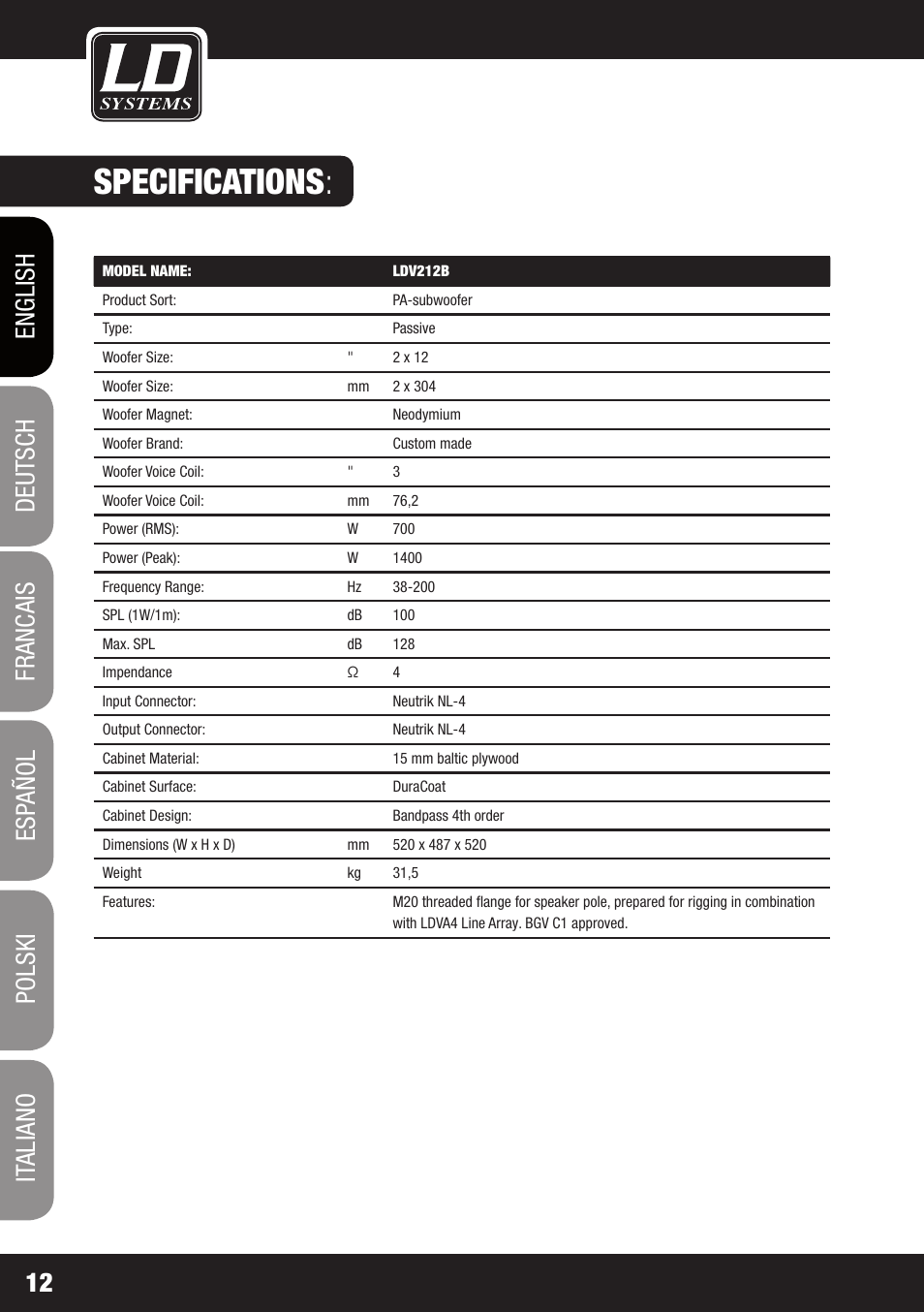 Specifications | LD Systems V 212 SUB User Manual | Page 12 / 88