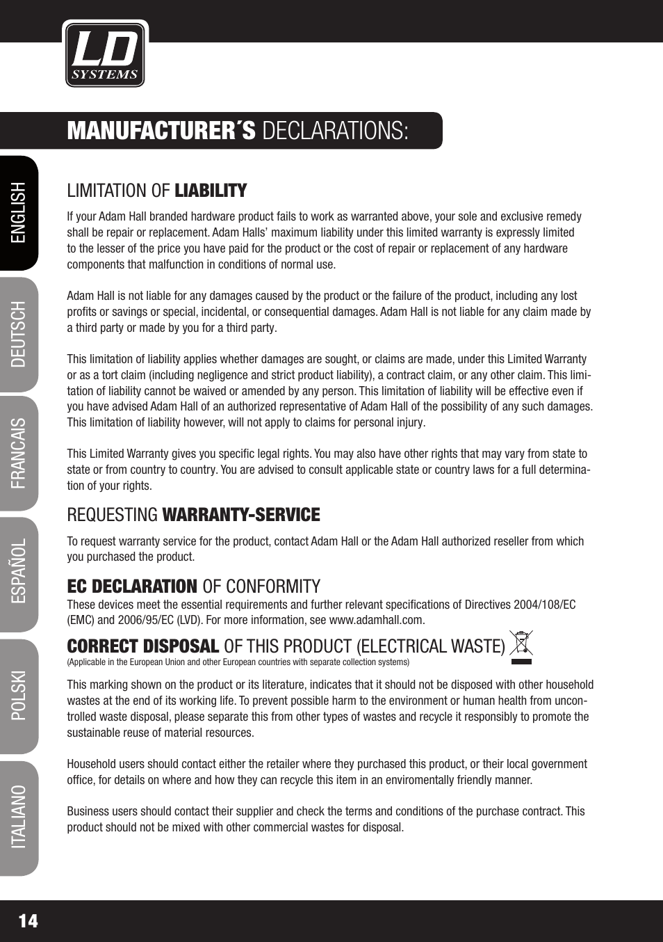 Manufacturer´s declarations | LD Systems V 212 SUB User Manual | Page 14 / 88