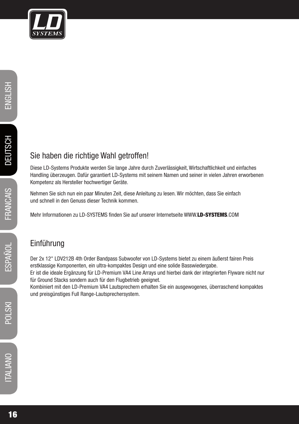 LD Systems V 212 SUB User Manual | Page 16 / 88