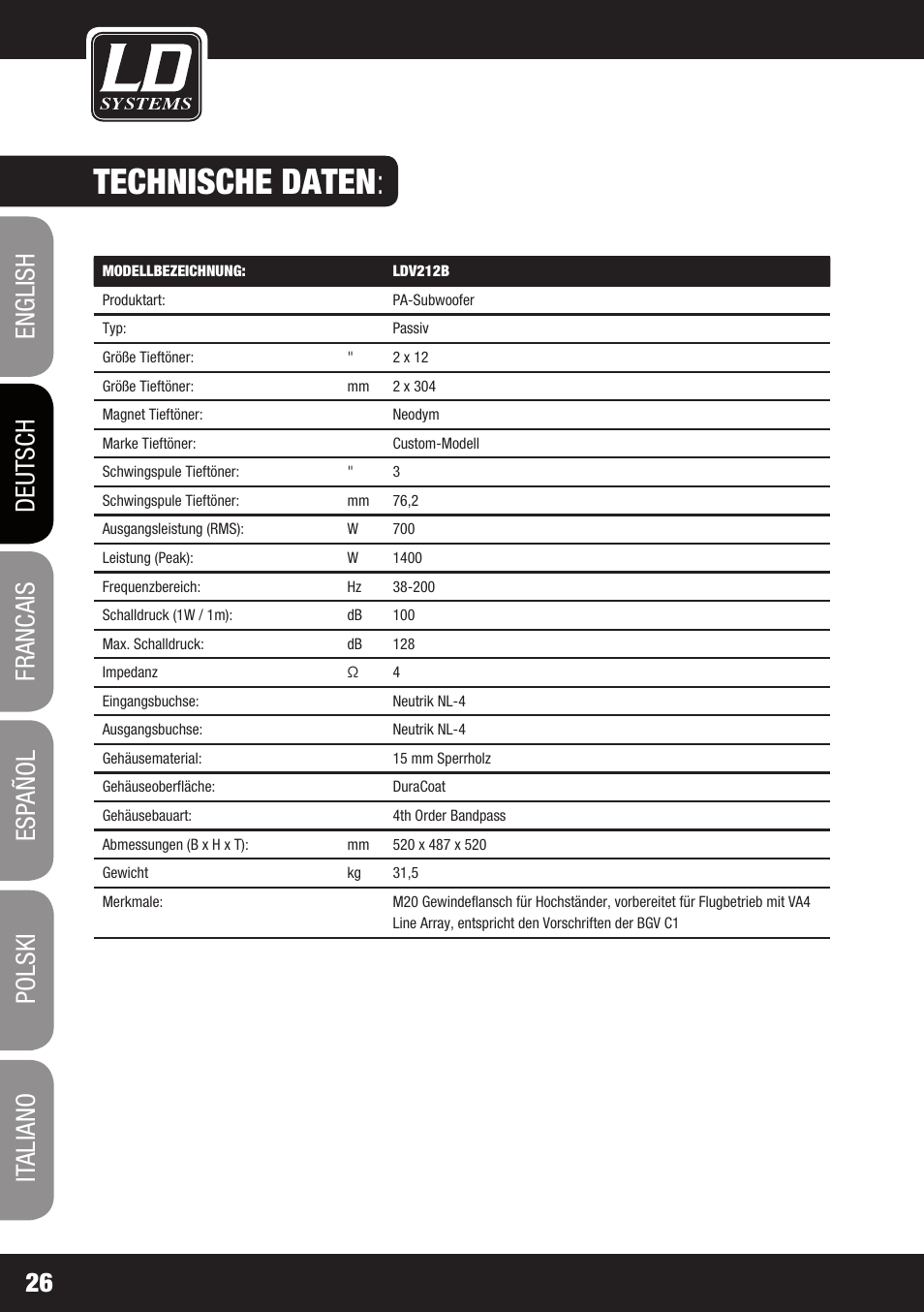 Technische daten | LD Systems V 212 SUB User Manual | Page 26 / 88