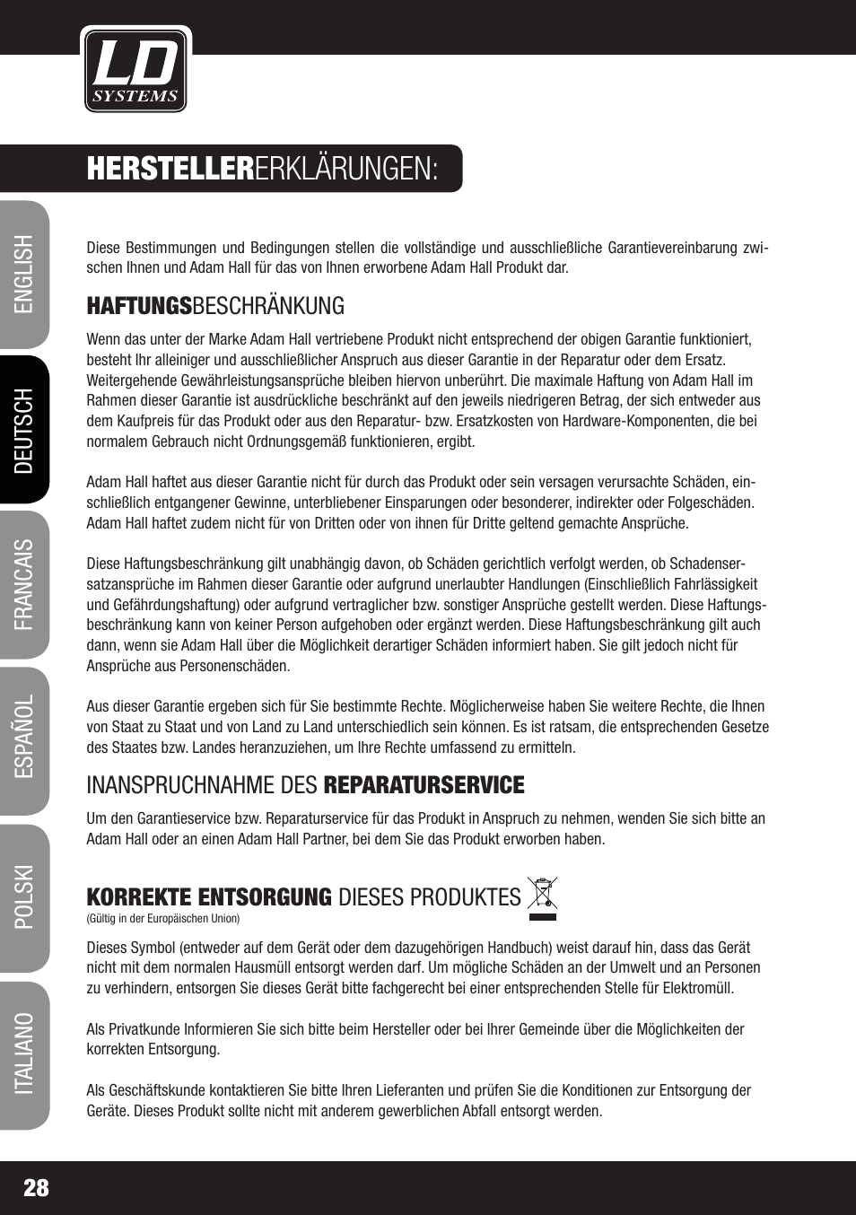 Hersteller erklärungen | LD Systems V 212 SUB User Manual | Page 28 / 88