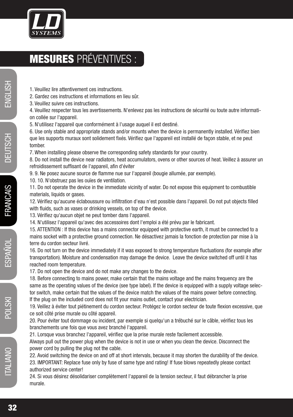 Mesures préventives | LD Systems V 212 SUB User Manual | Page 32 / 88