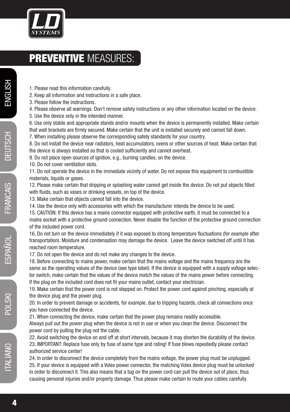 Preventive measures | LD Systems V 212 SUB User Manual | Page 4 / 88