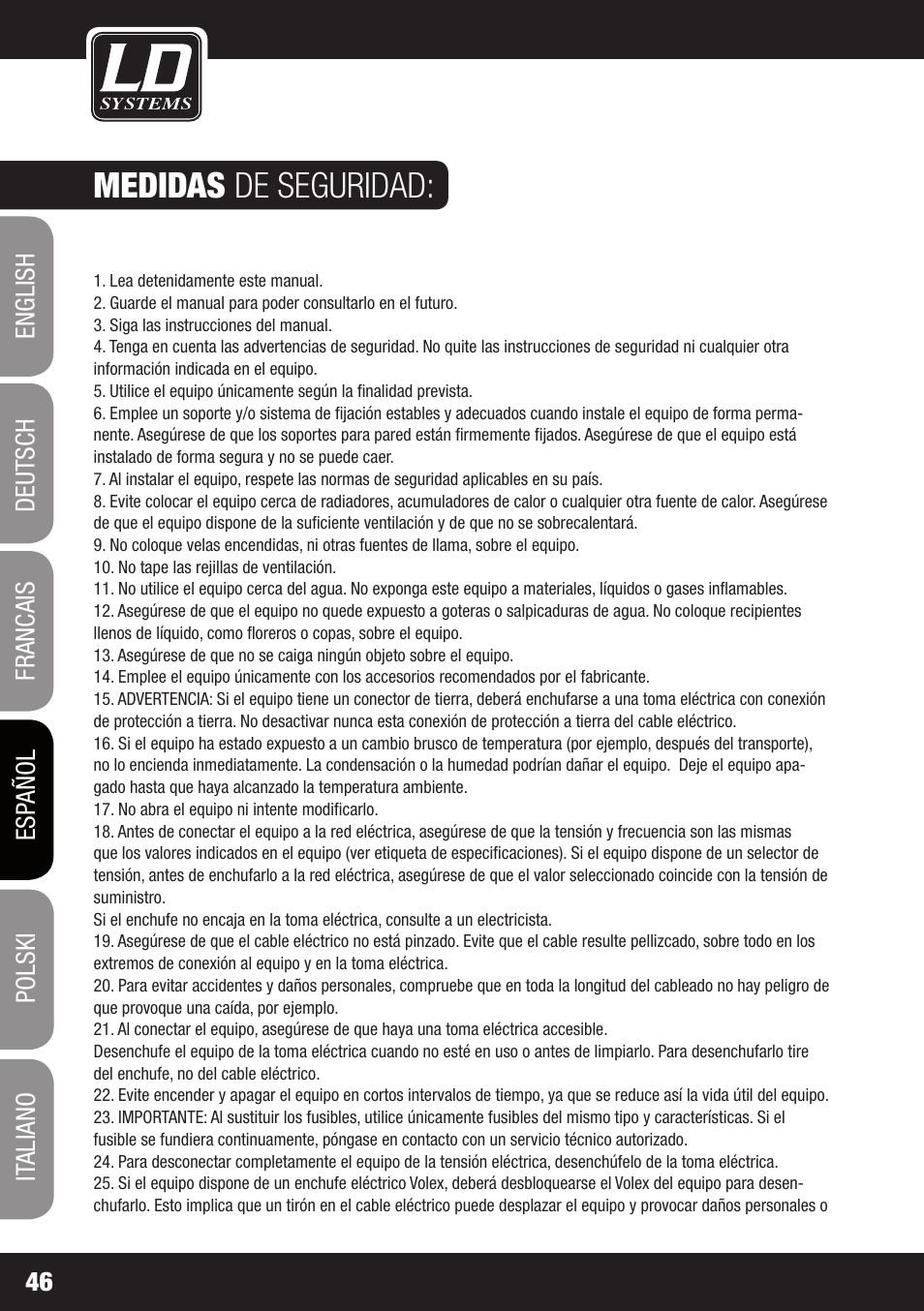 Medidas de seguridad | LD Systems V 212 SUB User Manual | Page 46 / 88