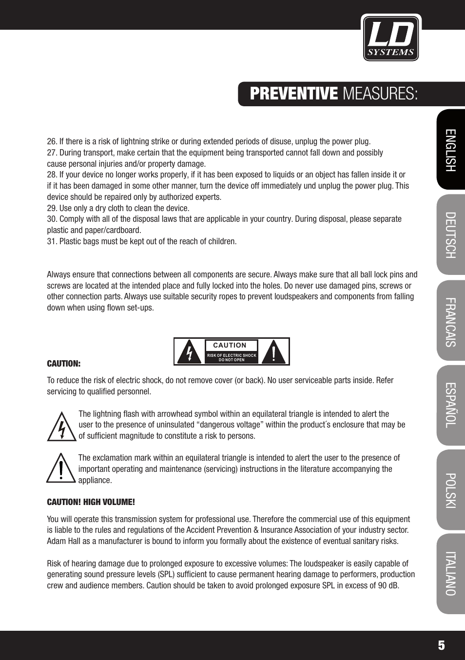 Preventive measures | LD Systems V 212 SUB User Manual | Page 5 / 88